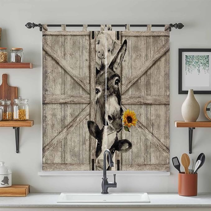 Funny Farm Animals Bathroom Curtains 63 Inch Length, Window Curtains Tab Top, Vintage Barn Brown Sunflowers Light Filtering Window Treatments Drapes 52"x63" 2 Panel