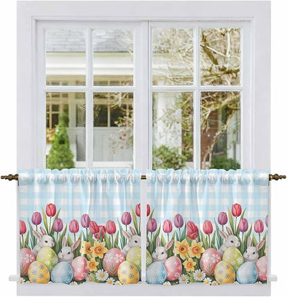Easter Kitchen Tier Curtains 24 Inch Long 2 Panel Set,Rod Pocket Cafe Small Window Curtains Over Sink,Spring Bunny Colorful Eggs Tulip Flowers Blue Check Light Filtering Short Drapes 27.5"W x 24"L