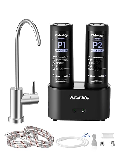 Waterdrop DLG-P Under Sink Water Filter System, Reduces PFAS Chlorine Chloramine Fluoride Odor, 2 Stage Under Sink Water Filtration System with Dedicated Faucet, 2-Outlet Filter, Life Indicator