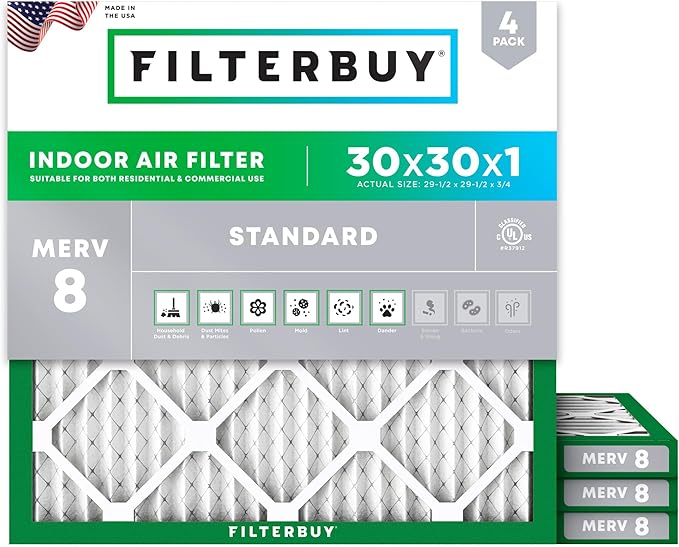Filterbuy 30x30x1 Air Filter MERV 8 Essential Dust & Allergy Defense (4-Pack), Electrostatic Pleated HVAC AC Furnace Filters Replacement, Made in USA (Actual Size: 29.50 x 29.50 x 0.75)