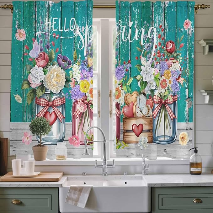 Spring Flowers Kitchen Curtains, Farmhouse Watercolor Teal Wood Grain Light Filtering Window Curtain Panels, 2Pcs Rod Pocket Window Treatments Set for Living Room Bathroom Bedroom 42x63 Inches