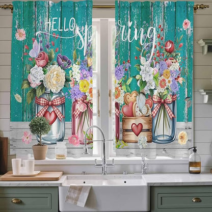 Spring Flowers Kitchen Curtains, Farmhouse Watercolor Teal Wood Grain Light Filtering Window Curtain Panels, 2Pcs Rod Pocket Window Treatments Set for Living Room Bathroom Bedroom 42x63 Inches