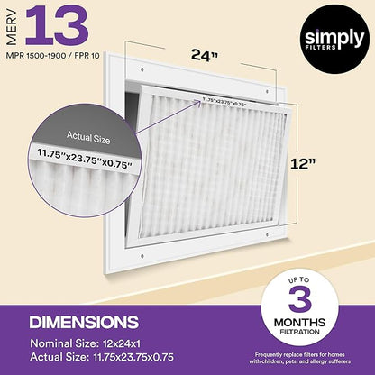 Simply 12x24x1 Air Filter, Merv 13, 6 Pack, For Home AC Furnace & HVAC (Actual Size: 11.75"x23.75"x0.75") DUST, Pet, & Allergy Control