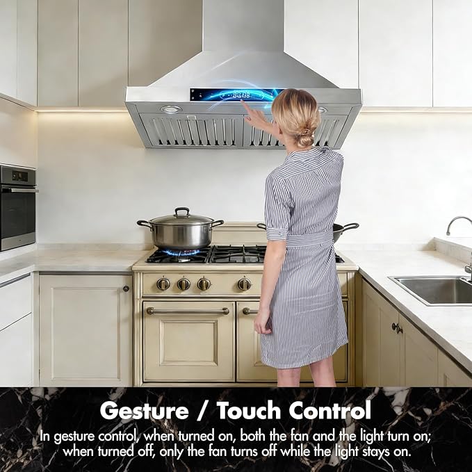 30 inch Wall Mount Range Hood Convertible Vent with Permanent Baffle Filters 800CFM Stainless Steel for Kitchen Gesture Sensing & Touch Control, 4 Speed Exhaust Fan, ETL listed (30 inch)