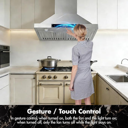 30 inch Wall Mount Range Hood Convertible Vent with Permanent Baffle Filters 800CFM Stainless Steel for Kitchen Gesture Sensing & Touch Control, 4 Speed Exhaust Fan, ETL listed (30 inch)