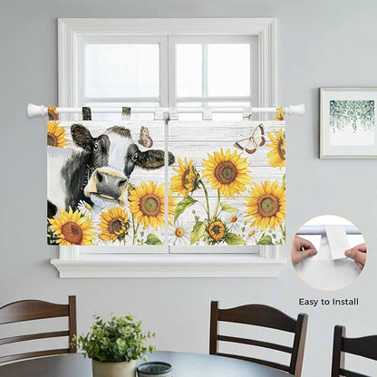 Retro Farmhouse Floral Kitchen Curtains 24 Inch Length, Small Window Curtains Tab Top, Yellow Sunflowers Cows Butterfly Wood Light Filtering Short Window Treatments Tier Drapes 27.5"x24" 2 Panel