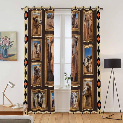 2 Panel Kitchen Cafe Curtains, Wildlife Camels Sunlight Filtering Nature Air Through, Home Decor Window Covering Tier Curtains for Living Room 104W x 90L inch Deserts Animals Brown Geometric Rustic