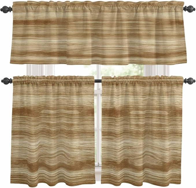 Kitchen Curtains Tiers and Valance Set of 3, Light Brown Wood Grain Light Filtering Window Curtain Set, Western Farmhouse Barn Door Rod Pocket Curtain Drapes for Cafe, Living Room, 36 Inches Tiers