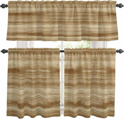 Kitchen Curtains Tiers and Valance Set of 3, Light Brown Wood Grain Light Filtering Window Curtain Set, Western Farmhouse Barn Door Rod Pocket Curtain Drapes for Cafe, Living Room, 36 Inches Tiers