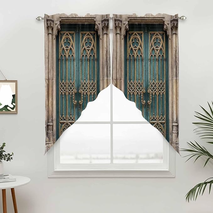 Turquoise Vintage Door Swag Valances for Windows, Countryside Barn Abstract Art Rod Pocket Kitchen Curtains Valance, Kitchen Window Curtains Swag for Cafe Bathroom Living Room, 2 Panels, 36x45 inch
