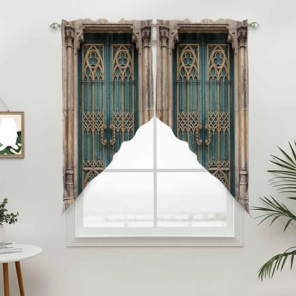 Turquoise Vintage Door Swag Valances for Windows, Countryside Barn Abstract Art Rod Pocket Kitchen Curtains Valance, Kitchen Window Curtains Swag for Cafe Bathroom Living Room, 2 Panels, 36x45 inch