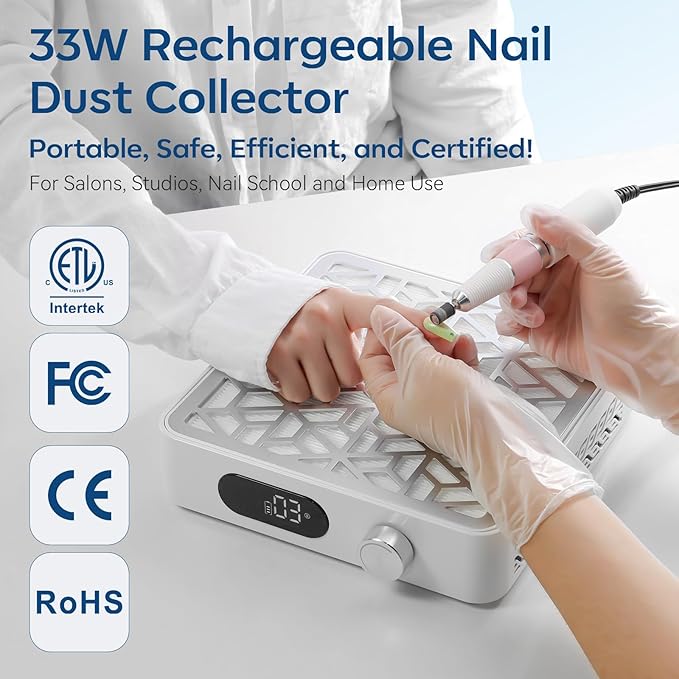 Makartt Nail Dust Collector - Nail Fan Dust Collector Nail Tech Quiet Vacuum, Professional Cordless Rechargeable Extractor, Easy to Clean with Powerful Suction, LCD & Reusable Filter (DACCAL)