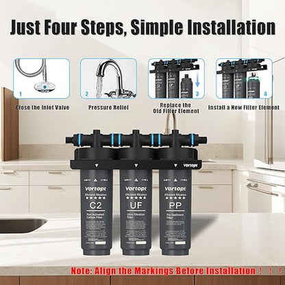Vortopt Under Sink Water Filter,NSF Certificated Under Sink Water Filtration System,with Flow Rate of 0.53 GPM,F02-C2/UF/PP Filter for Cleaner Tap Water,Black.