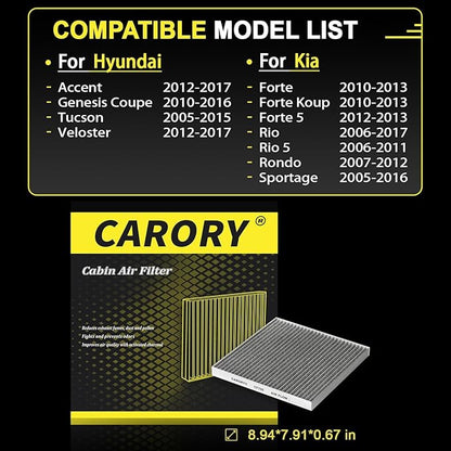 Cabin Air Filter w/Activated Carbon for Hyundai Accent 12–17, Tucson 05–15, Veloster 12–17, Kia Forte 10–13, Forte Koup 10–13, Forte 5 12–13, Rio 06–17, Rondo 07–12, Sportage 05–16 and More