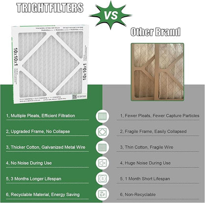 10x10x1 Air Filter 6 Pack, Durable MERV 8 Pleated Home HVAC AC Furnace Filters, Lightweight Compact Air Conditioner Filter Replacement