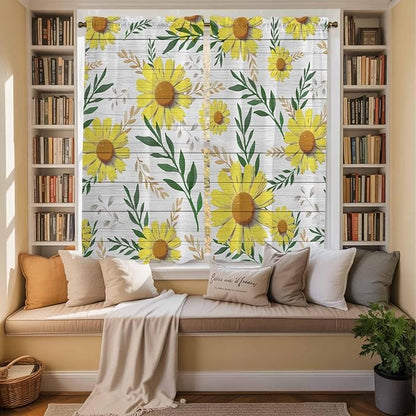 Yellow Daisy Kitchen Curtains, Farmhouse Country Flower Leaf Plant Wood Grain Light Filtering Window Curtain Panels, 2Pcs Rod Pocket Window Treatments Set for Living Room Bathroom Bedroom 42x63 Inches