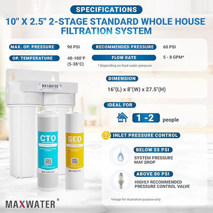 Max Water 2 Stage (Sediment, Odor & Improving Taste) Whole House 10 inch, Standard Water Filtration System - White Housing - Sediment + CTO - ¾ Inlet/Outlet