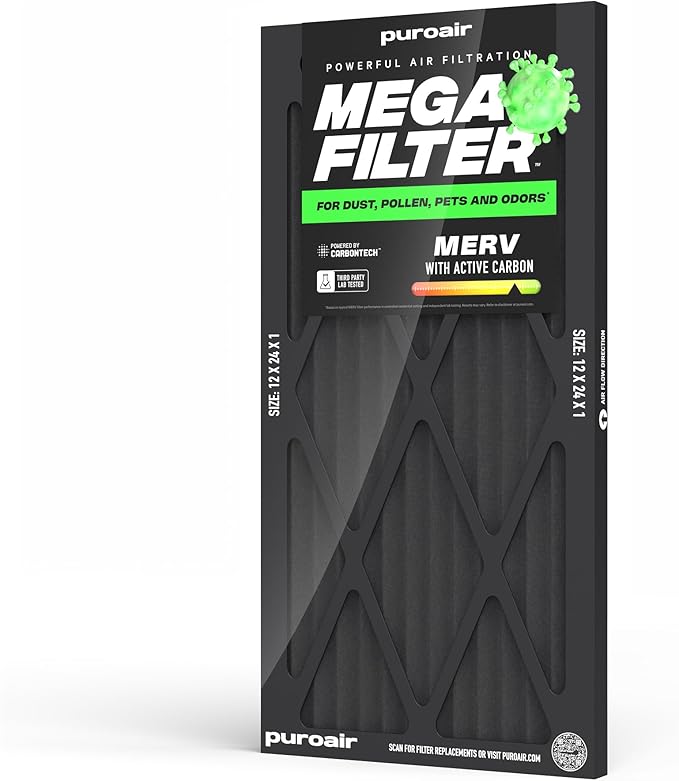 PuroAir MegaFilter - 12x24x1 Air Filter MERV 13 Activated CarbonTech Defense - Heavy Duty 3 Layer Furnace Filters Allergens, Pollen, Dust, Pet Dander, Smoke, Odors - HVAC Air Filter 12x24x1 (1-Pack)