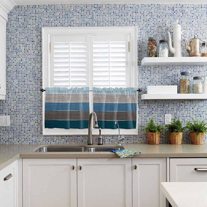 Retro Farm Blue Gray Wood Grain Window Valance Curtains, Rustic Wooden Plank Light Filtering Kitchen Valance with 3-inch Rod Pocket for Living Room Bathroom Bedroom,2 Panel,27.5x24In
