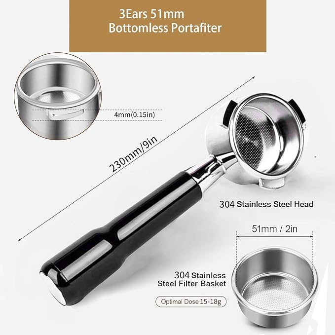 51mm Bottomless Portable Filter, 3 Ears, With 304 Stainless Steel Double Tube Capacity Cup Filter Basket, Only Compatible for Delong Dedica Ec680, Ec685, Smeg And Eupa Coffee Machines