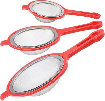 LemonRoad Set of 3 Stainless Steel Mesh Strainer 304 Fine Mesh Filters with Ergonomic Handles and Hanging Ears for Oil Filter Skimming Grease and Foam(Orange)