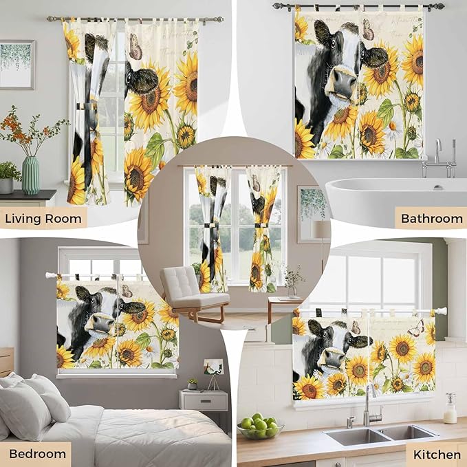 Yellow Sunflowers Living Room Curtains 84 Inch Length, Window Curtains Tab Top, Country Cow Flower Butterfly Farmhouse Cream Light Filtering Window Treatments Drapes 42"x84" 2 Panel