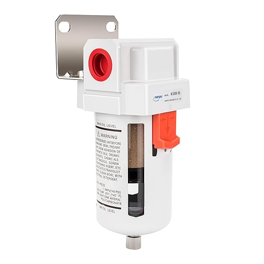NANPU 3/8" NPT Compressed Air Line Filter, 5 Micron Brass Element, Bracket, Poly Bowl, 145 psi