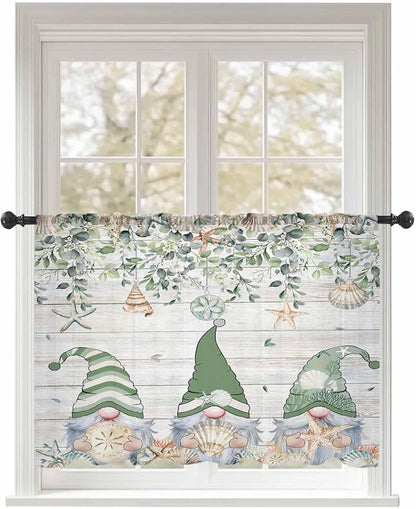 Sheer Curtains 45 Inch Length, Coastal Eucalyptus Leaf Semi Sheer Curtains Light Filtering Window Treatment, Sage Green Gnomes Starfish Privacy Voile Drapes for Living Room Bedroom 52x45 Inch