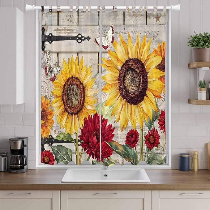 Red Yellow Sunflowers Living Room Curtains 96 Inch Length, Window Curtains Tab Top, Retro Rustic Barn Doors Butterfly Brown Light Filtering Window Treatments Drapes 52"x96" 2 Panel