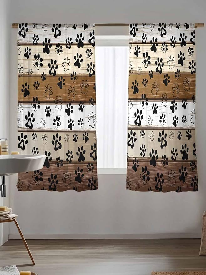 Sheer Curtains 72 Inches Long, Brown Beige Farmhouse Semi Sheer Curtains Light Filtering Window Treatment, Black Dog Paw Vintage Wooden Privacy Voile Drapes for Living Room Bedroom 52x72 Inch