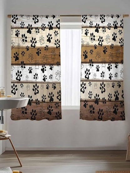 Sheer Curtains 72 Inches Long, Brown Beige Farmhouse Semi Sheer Curtains Light Filtering Window Treatment, Black Dog Paw Vintage Wooden Privacy Voile Drapes for Living Room Bedroom 52x72 Inch