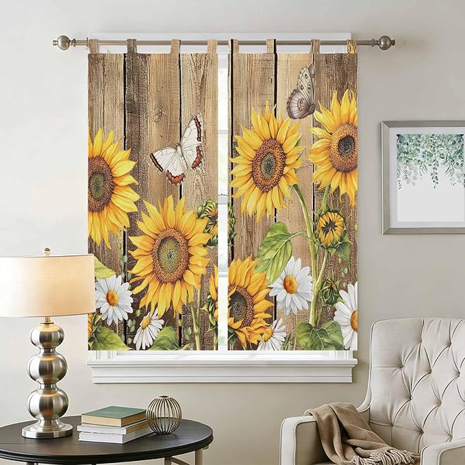 Farmhouse Sunflowers Bedroom Curtains 72 Inch Length, Window Curtains Tab Top, Rustic Floral Buttterfly Wood Board Brown Light Filtering Window Treatments Drapes 52"x72" 2 Panel
