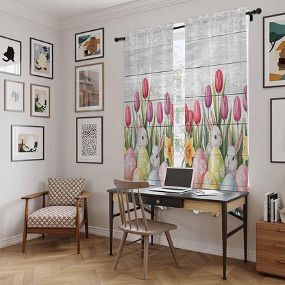 Easter Window Curtains 72 Inch Long 2 Panel Set, Rod Pocket Long Curtains & Drapes, Retro Spring Bunny Eggs Tulip Farm Wooden Grain Light Filtering Window Treatment for Bedroom Living Room 52"W x 72"L
