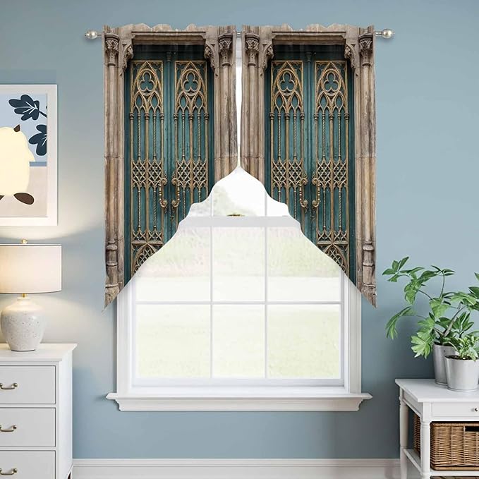 Turquoise Vintage Door Swag Valances for Windows, Countryside Barn Abstract Art Rod Pocket Kitchen Curtains Valance, Kitchen Window Curtains Swag for Cafe Bathroom Living Room, 2 Panels, 36x45 inch