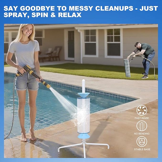 Skimzy Pool Filter Cleaner Rack - Upright Automatic Rotary Cleaning Tool for 3/4/6" Filter Cartridges | Water Saving Design, No Bending Over, DIY Operation
