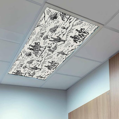 4 Pack Fluorescent Light Cover, Western Cowboys Light Covers for Ceiling Lights, Vintage Desert Canyon Cactus Horseshoe Magnetic Lights Filters Ceiling Shade for Classroom/Office - 4 x 2 Feet
