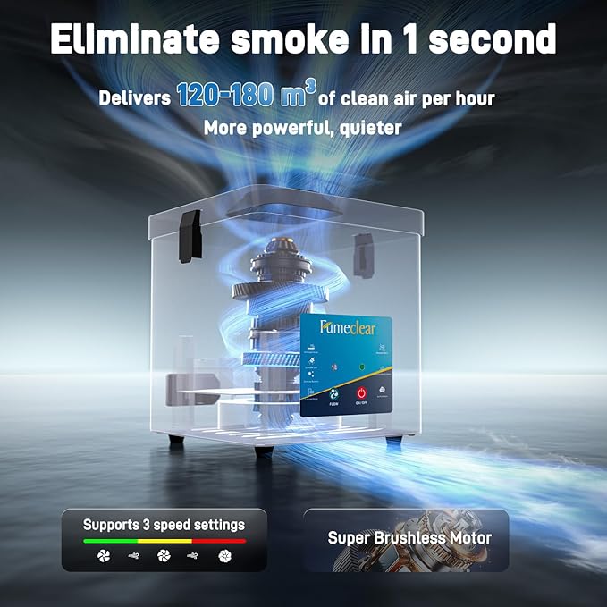 FumeClear FC2001A Solder Fume Extractor, 120 to 180m³/h Strong Suction, 3-speed Adjustment, Low Noise High Efficiency Fume Removal, For 110V to 220V Wide Voltage Suitable for Desktop Soldering Iron