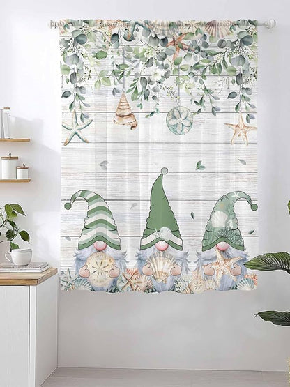 Sheer Curtains 63 Inch Length, Coastal Eucalyptus Leaf Semi Sheer Curtains Light Filtering Window Treatment, Sage Green Gnomes Starfish Privacy Voile Drapes for Living Room Bedroom 52x63 Inch