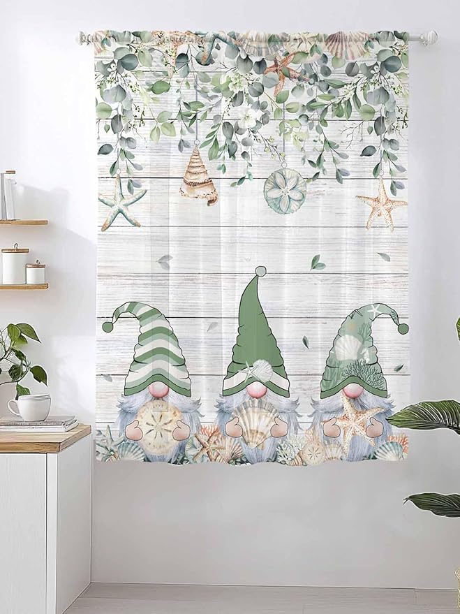 Sheer Curtains 72 Inches Long, Coastal Eucalyptus Leaf Semi Sheer Curtains Light Filtering Window Treatment, Sage Green Gnomes Starfish Privacy Voile Drapes for Living Room Bedroom 52x72 Inch
