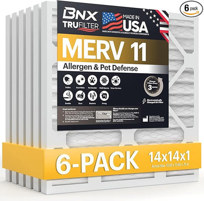 BNX TruFilter 14x14x1 Air Filter MERV 11 (6-Pack) - MADE IN USA - Allergen Defense Electrostatic Pleated Air Conditioner HVAC AC Furnace Filters for Allergies, Dust, Pet, Smoke, Allergy MPR 1200 FPR 7