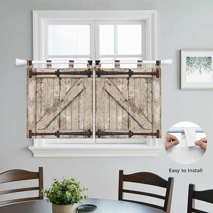 Farmhouse Wood Grain Kitchen Curtains 36 Inch Length, Small Window Curtains Tab Top, Vintage Country Barn Gate Brown Light Filtering Short Window Treatments Tier Drapes 27.5"x36" 2 Panel