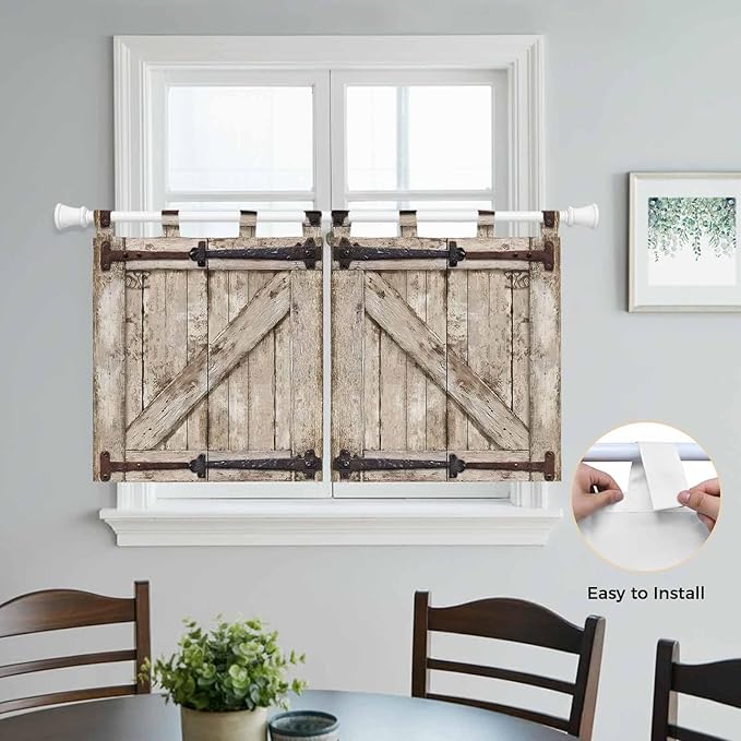 Farmhouse Wood Grain Kitchen Curtains 24 Inch Length, Small Window Curtains Tab Top, Vintage Country Barn Gate Brown Light Filtering Short Window Treatments Tier Drapes 27.5"x24" 2 Panel