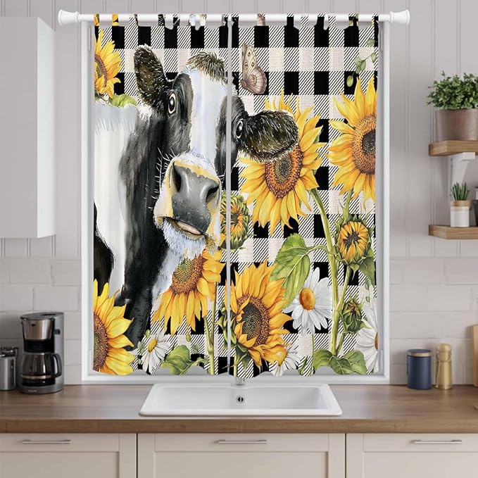 Retro Sunflowers Living Room Curtains 96 Inch Length, Window Curtains Tab Top, Farmhouse Floral Cow Butterfly Black Plaid Light Filtering Window Treatments Drapes 52"x96" 2 Panel