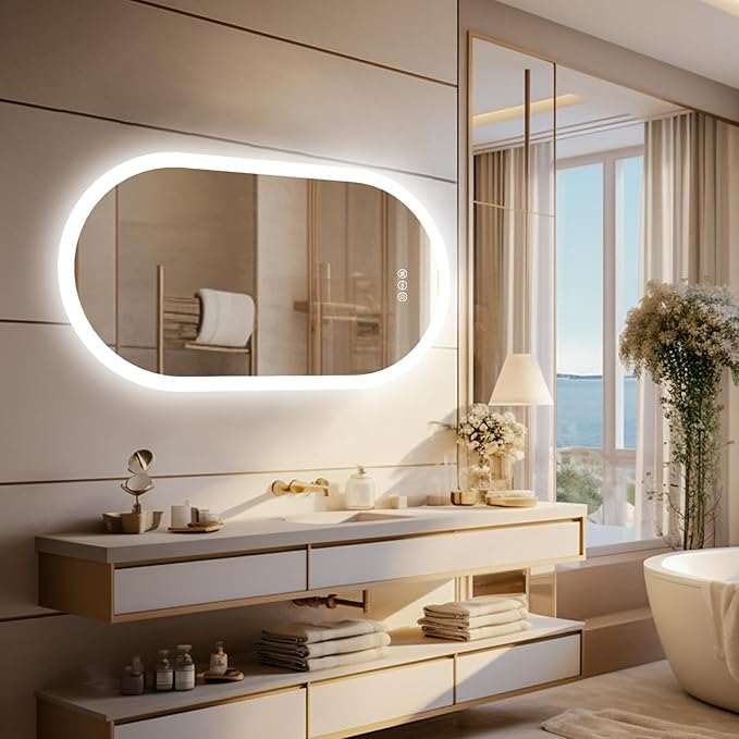 LUVODI Lighted LED Bathroom Mirror: 40x20IN Oval Anti-Fog Dimmable Wall Mounted Makeup Mirror with Backlit - Illuminated 3 Colors Vanity Mirrors with Demister Pad Smart Touch Switch Memory Foam