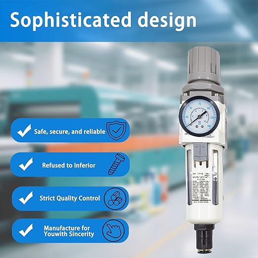 XingNEeng 3/8" NPT Compressed Air Filter Regulator Combo Piggyback, Water/Oil Trap Separator with Pressure Gauge(0-150 psi), Auto Drain, Poly Bowl, 5 Micron Brass Element, Metal Bracket