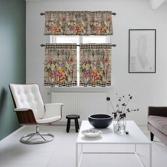 Spring Flowers Kitchen Curtains Set 3 Piece for Windows, Rod Pocket Valance and Tier Set 24 Inch Length, Farmhouse Vintage Black Plaid Wood Grain Light Filtering Cafe Curtains for Living Room Bathroom