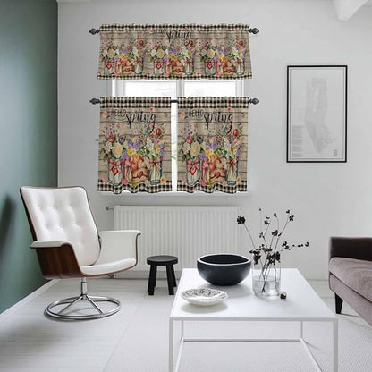 Spring Flowers Kitchen Curtains Set 3 Piece for Windows, Rod Pocket Valance and Tier Set 24 Inch Length, Farmhouse Vintage Black Plaid Wood Grain Light Filtering Cafe Curtains for Living Room Bathroom