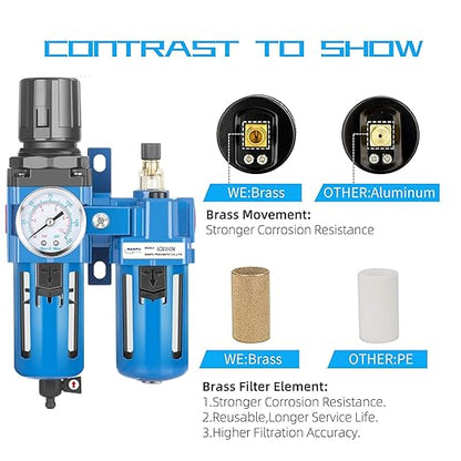 NANPU 1/2" NPT Compressed Air Filter Regulator Lubricator Combo, Water/Oil Trap Separator - Gauge(0-150 psi), Poly Bowl, Manual Drain, Bracket - AC4010-04M