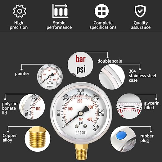 0-6000 Psi Glycerin Liquid Filled Hydraulic High Pressure Gauge, 2.5" Dial Size, 1/4" NPT Lower Mount, 304 Stainless Steel Case, for Water Oil Air Gas Pressure Test