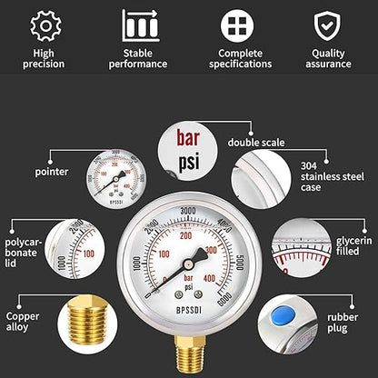 0-6000 Psi Glycerin Liquid Filled Hydraulic High Pressure Gauge, 2.5" Dial Size, 1/4" NPT Lower Mount, 304 Stainless Steel Case, for Water Oil Air Gas Pressure Test